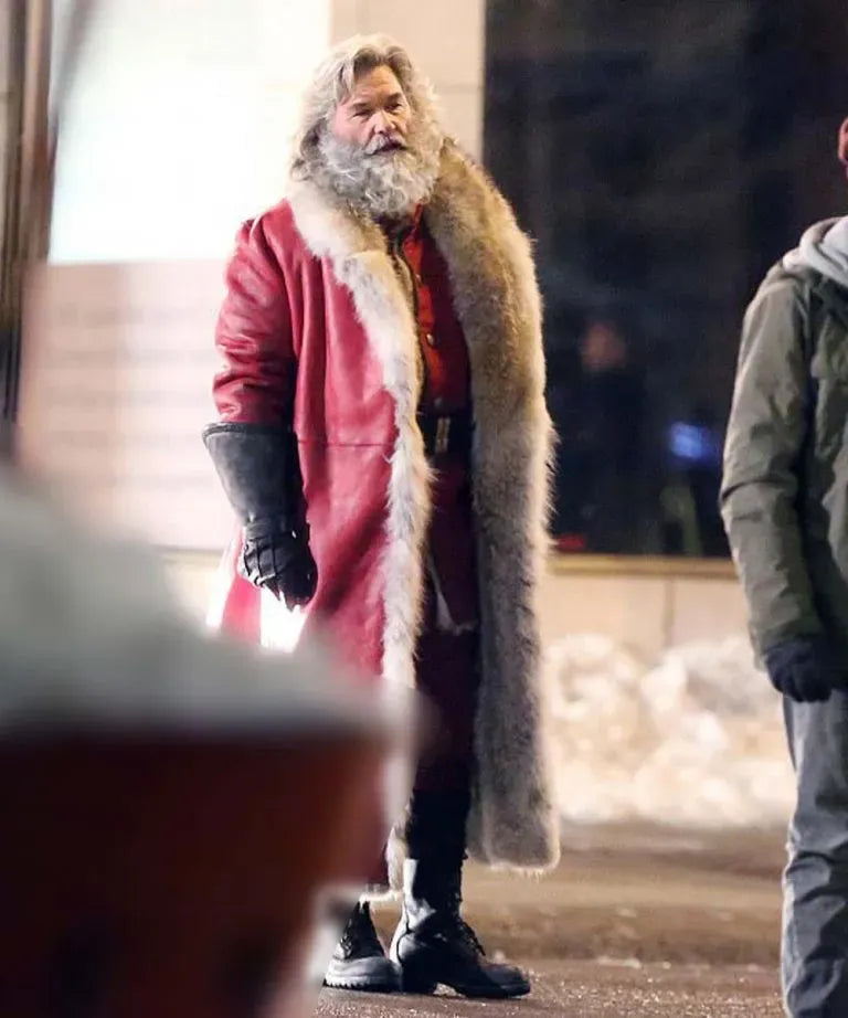 Close view of Red Kurt Russell The Christmas Chronicles Santa Claus Coat, the ultimate holiday hero look.