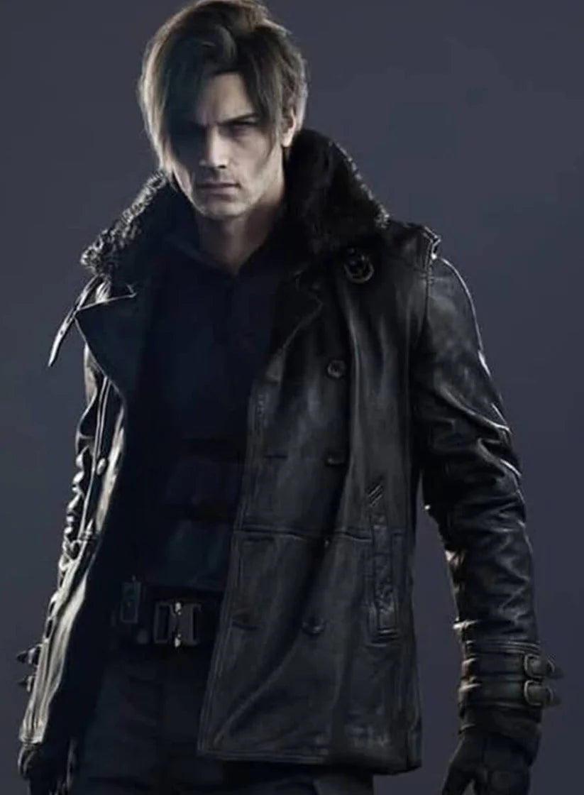 leon kennedy wearing a dark leather coat with fur trim against a dark background