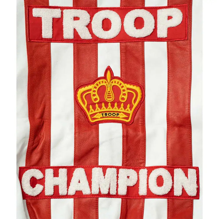 Close view of Red and White LL Cool J Troop Champion Red Leather Jacket, showing the back patch detail.