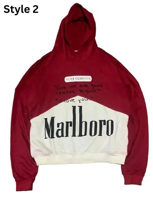 Front view of Red and white hoodie with Marlboro graphic and "GIVE ME ONE GOOD REASON TO QUIT