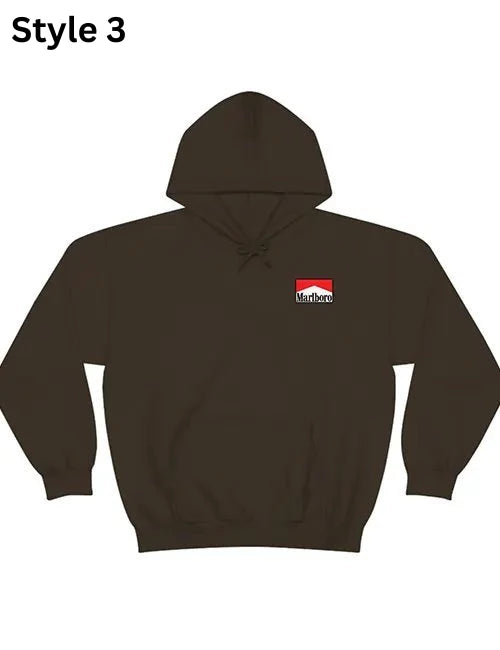 Front view of Brown hoodie with a red and white Marlboro logo