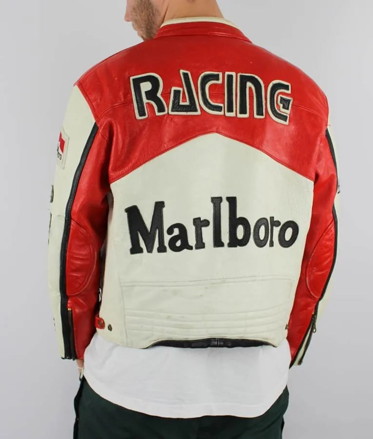 Back view of Red, White, and Black Red and White Vintage Leather Marlboro Racing Jacket