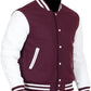 Maroon and white varsity jacket on a white background