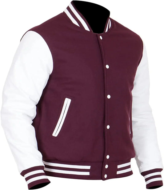 Maroon and white varsity jacket on a white background