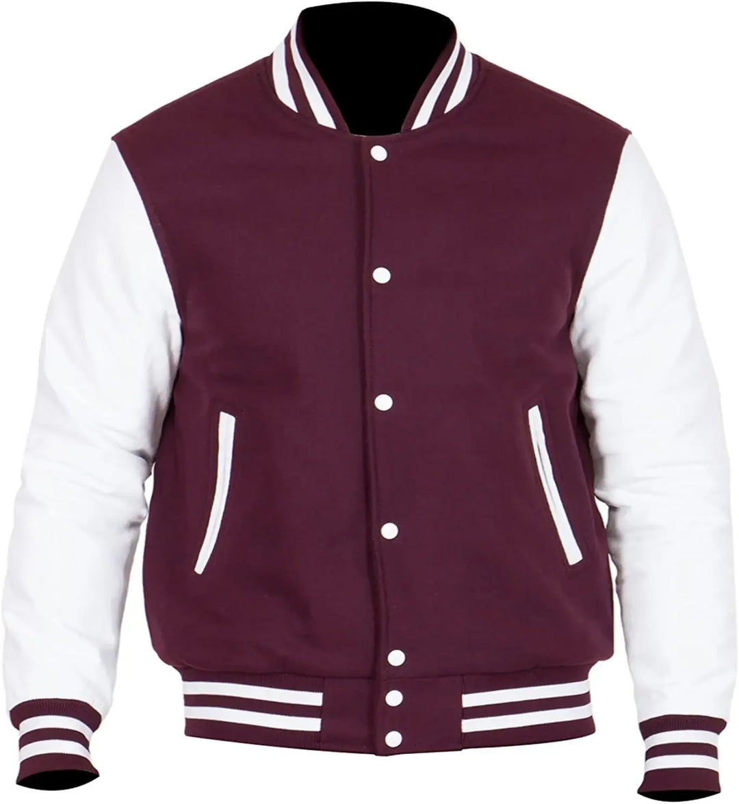 Maroon and white varsity jacket on a white background