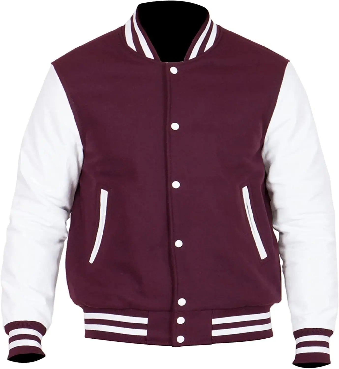 Maroon and white varsity jacket on a white background