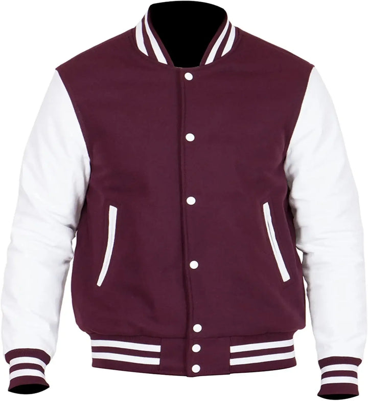 Maroon and white varsity jacket on a white background