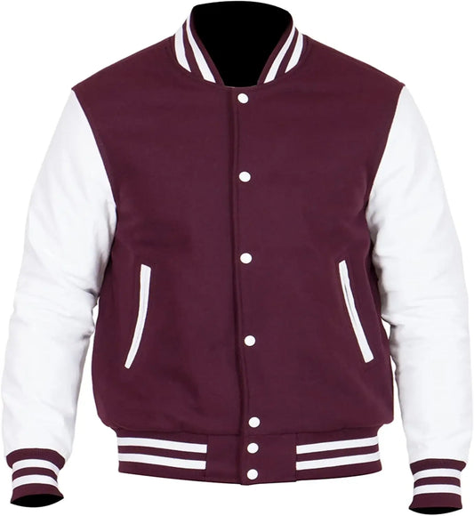Maroon and white varsity jacket on a white background