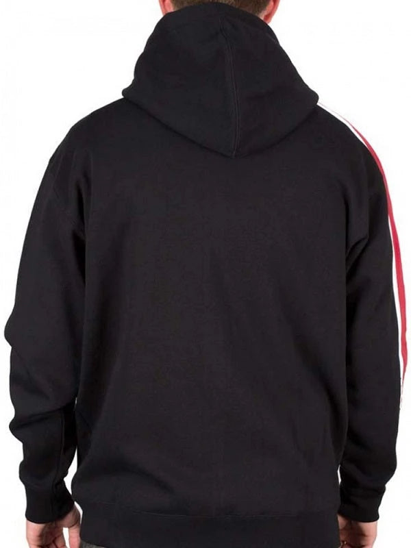 Back view of Mass Effect N7 hoodie showing red and white sleeve stripe.