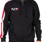 Front view of N7 hoodie Mass Effect hoodie with logo and red/white sleeve stripe.