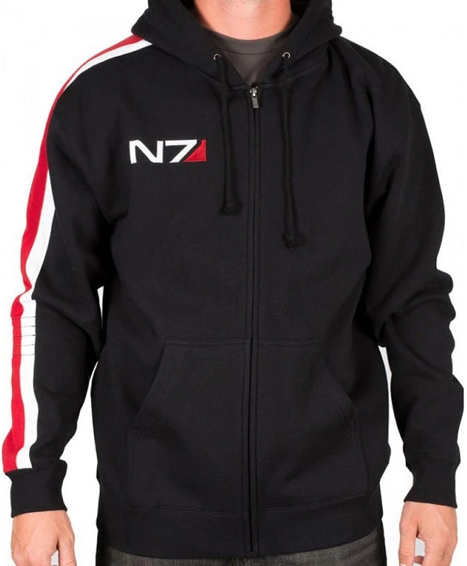 Front view of N7 hoodie Mass Effect hoodie with logo and red/white sleeve stripe.