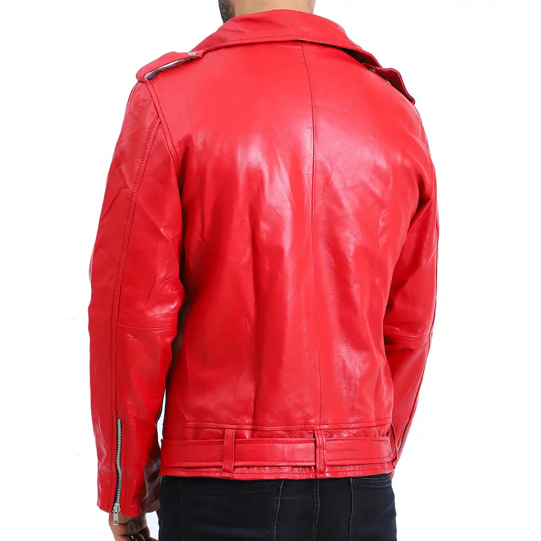 Back view of Mens Biker Negan Red Leather Jacket