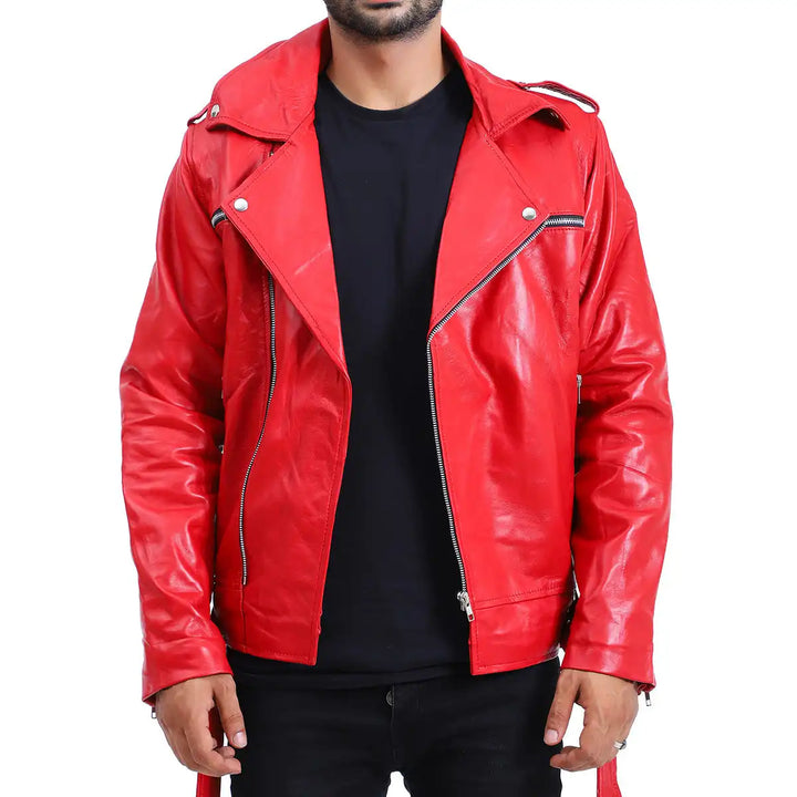Front view of Mens Biker Negan Red Leather Jacket with asymmetrical zipper