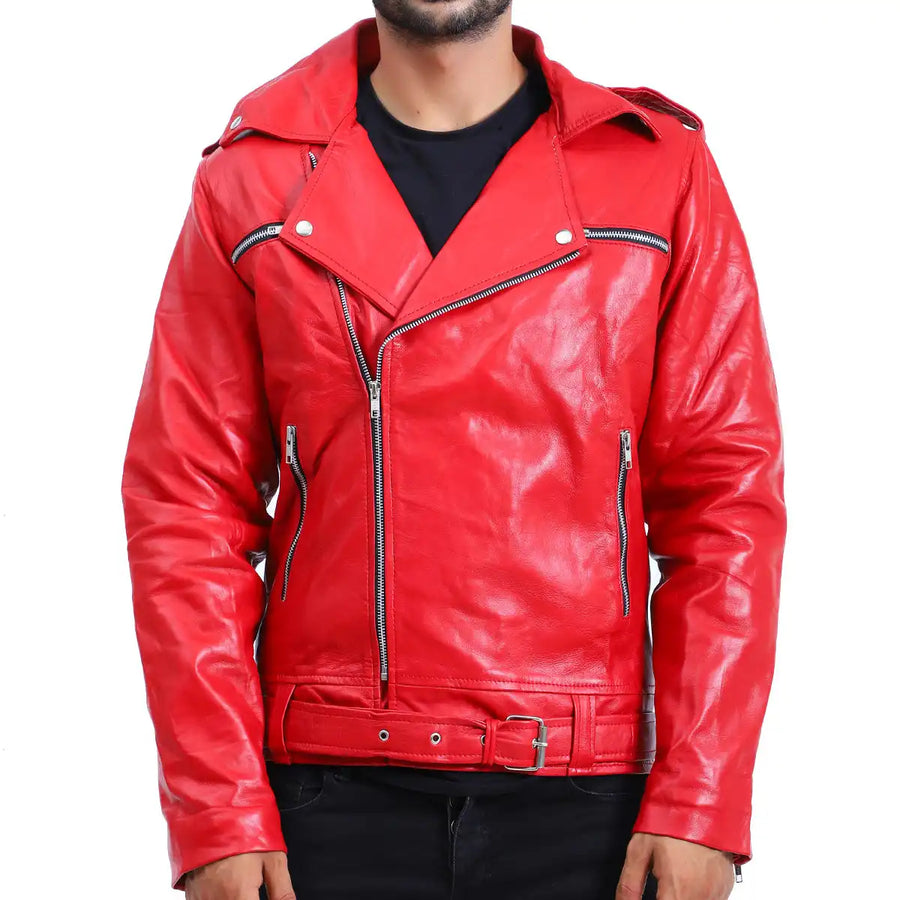 Front view of Red Mens Biker Negan Red Leather Jacket