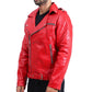 Side profile view of Mens Biker Negan Red Leather Jacket with a belted waist