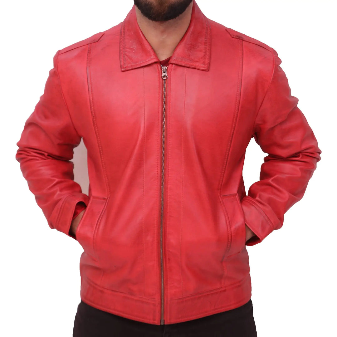 Front view of Distressed Red Men's Distressed Red Sheepskin Leather Jacket Front