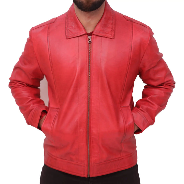 Front view of Distressed Red Men's Distressed Red Sheepskin Leather Jacket Front