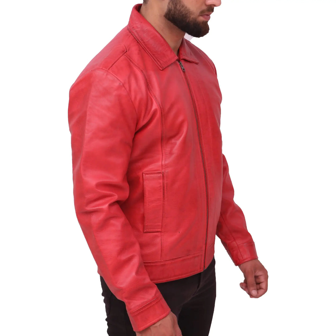 Side view of Distressed Men's Distressed Red Sheepskin Leather Jacket 