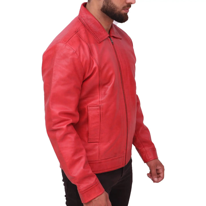 Side view of Distressed Men's Distressed Red Sheepskin Leather Jacket 