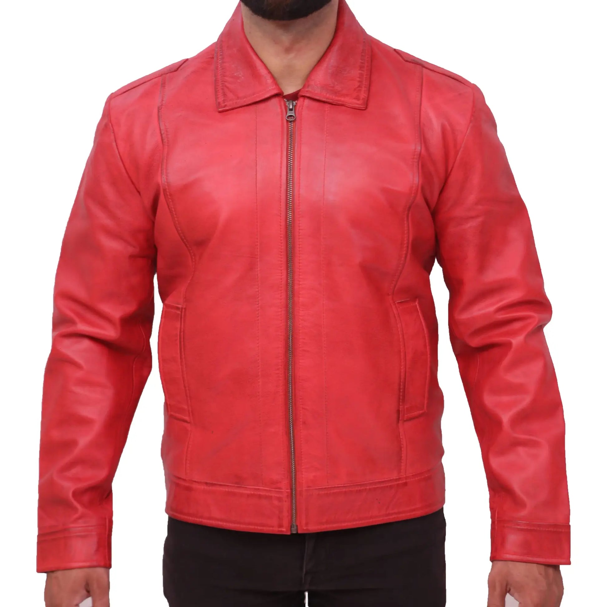 Front View Distressed Red Men's Distressed Red Sheepskin Leather Jacket