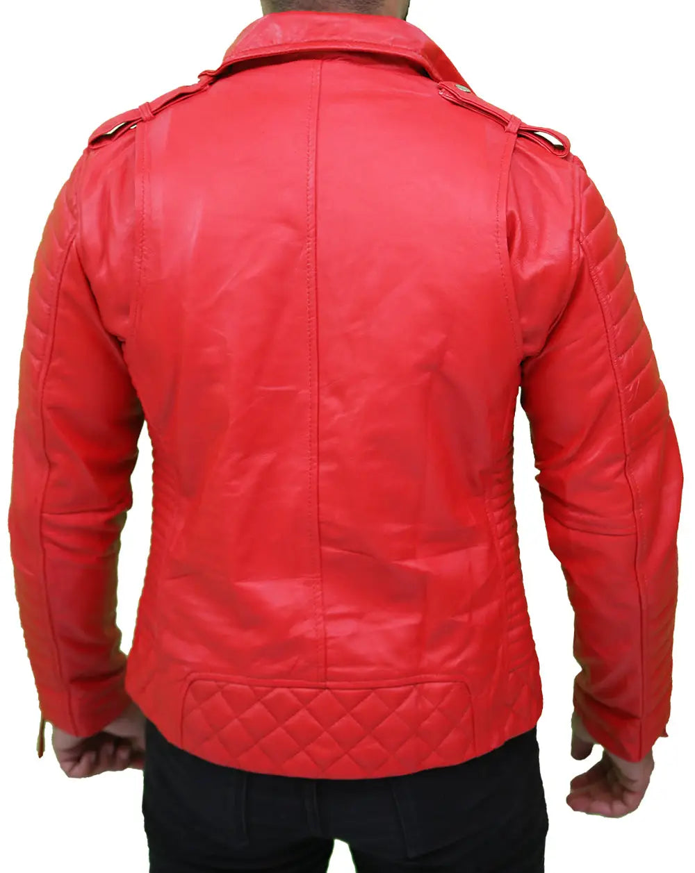 Back view of Men’s Quilted Red Asymmetrical Leather Jacket 