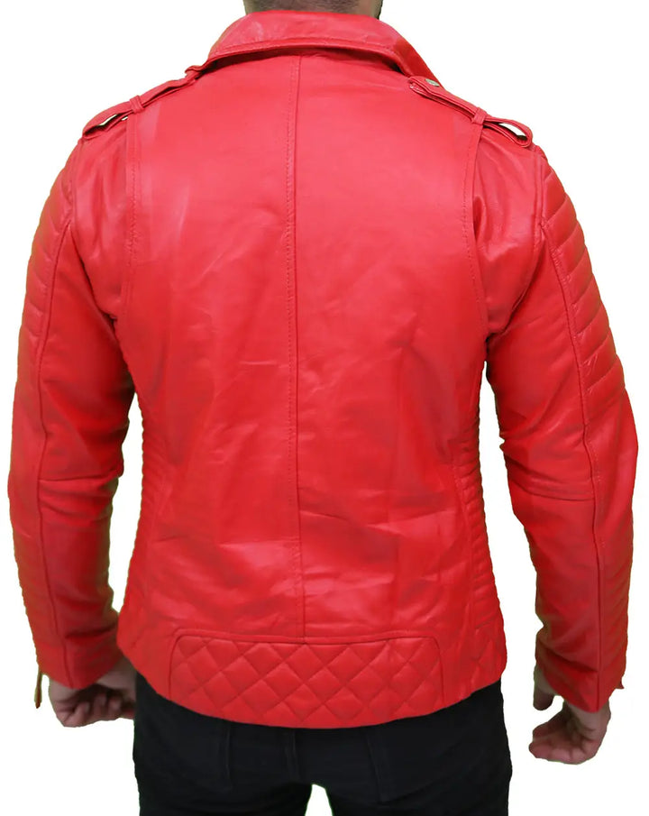 Back view of Men’s Quilted Red Asymmetrical Leather Jacket 