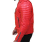 Left side view of Men’s Quilted Red Asymmetrical Leather Jacket