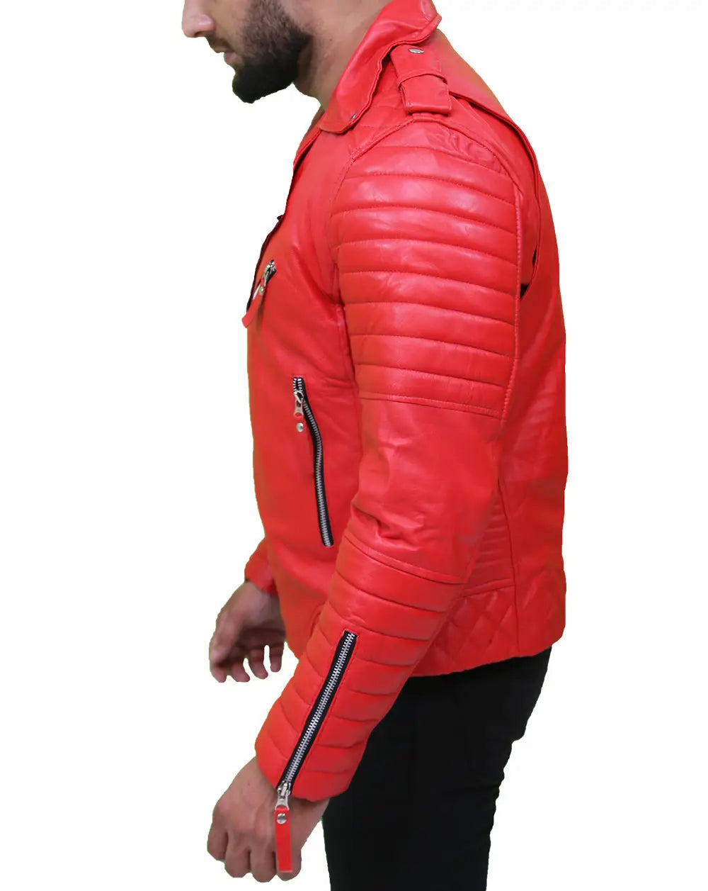 Left side view of Men’s Quilted Red Asymmetrical Leather Jacket