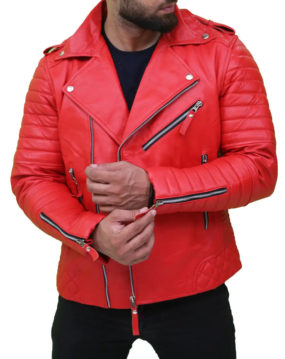 Front view of Men’s Quilted Red Asymmetrical Leather Jacket with zipper detail