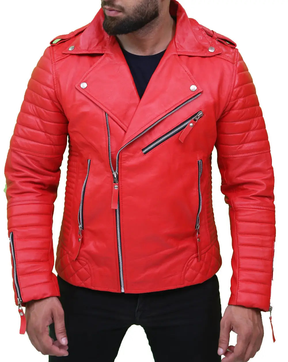 Front view of Red Men’s Quilted Red Asymmetrical Leather Jacket