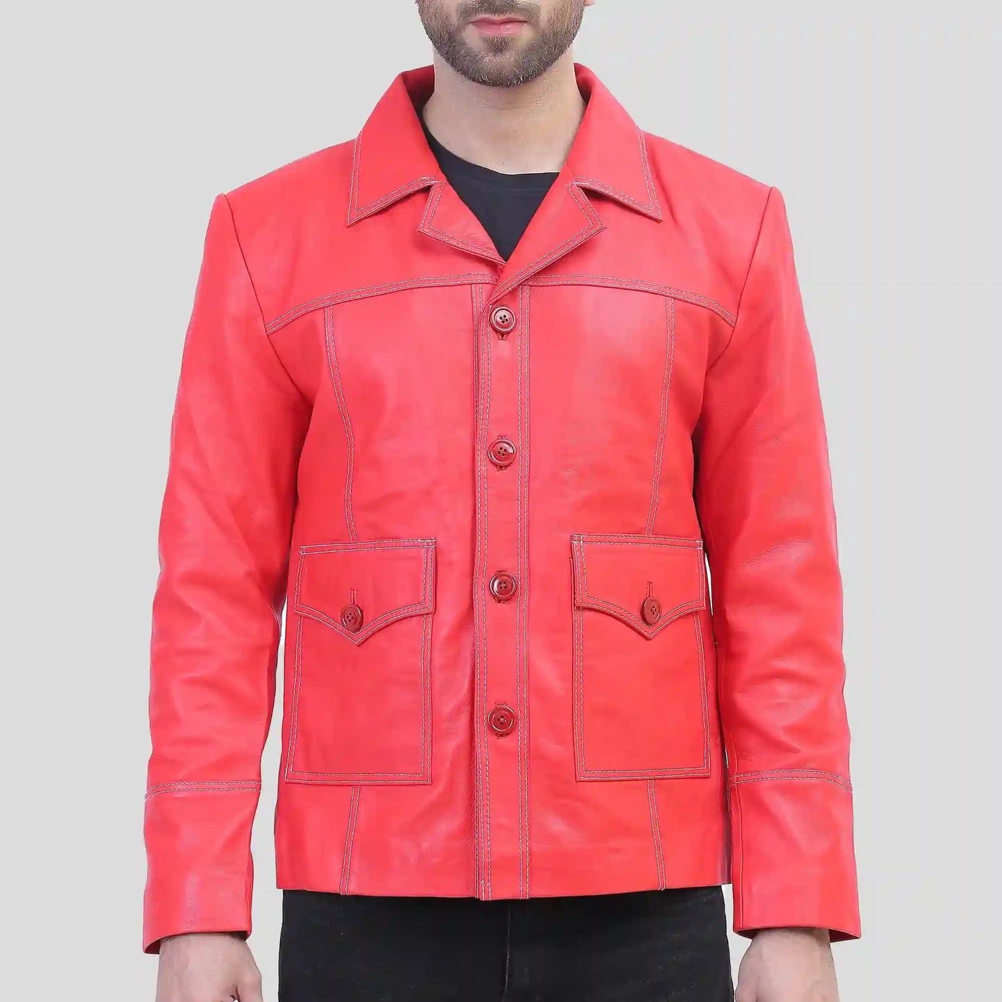 Front view of Red Men's Red Biker Leather Jacket 