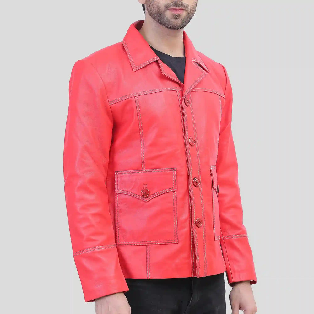 Profile view of Red Men's Red Biker Leather Jacket