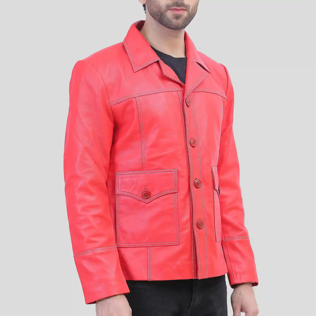 Profile view of Red Men's Red Biker Leather Jacket