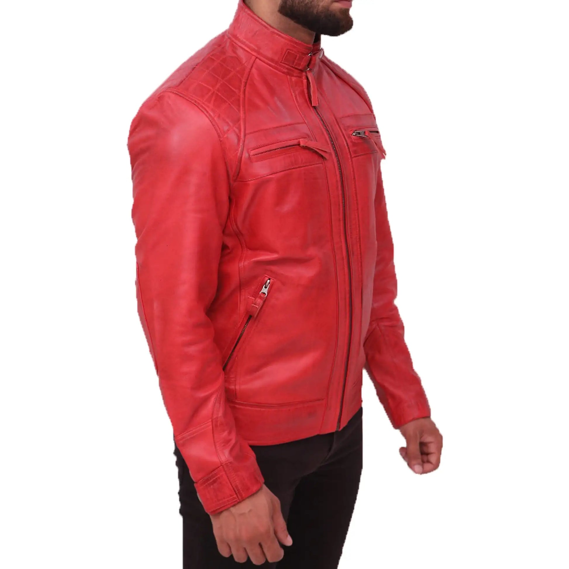 right view of Red Men's Sheepskin Red Leather Jacket Back