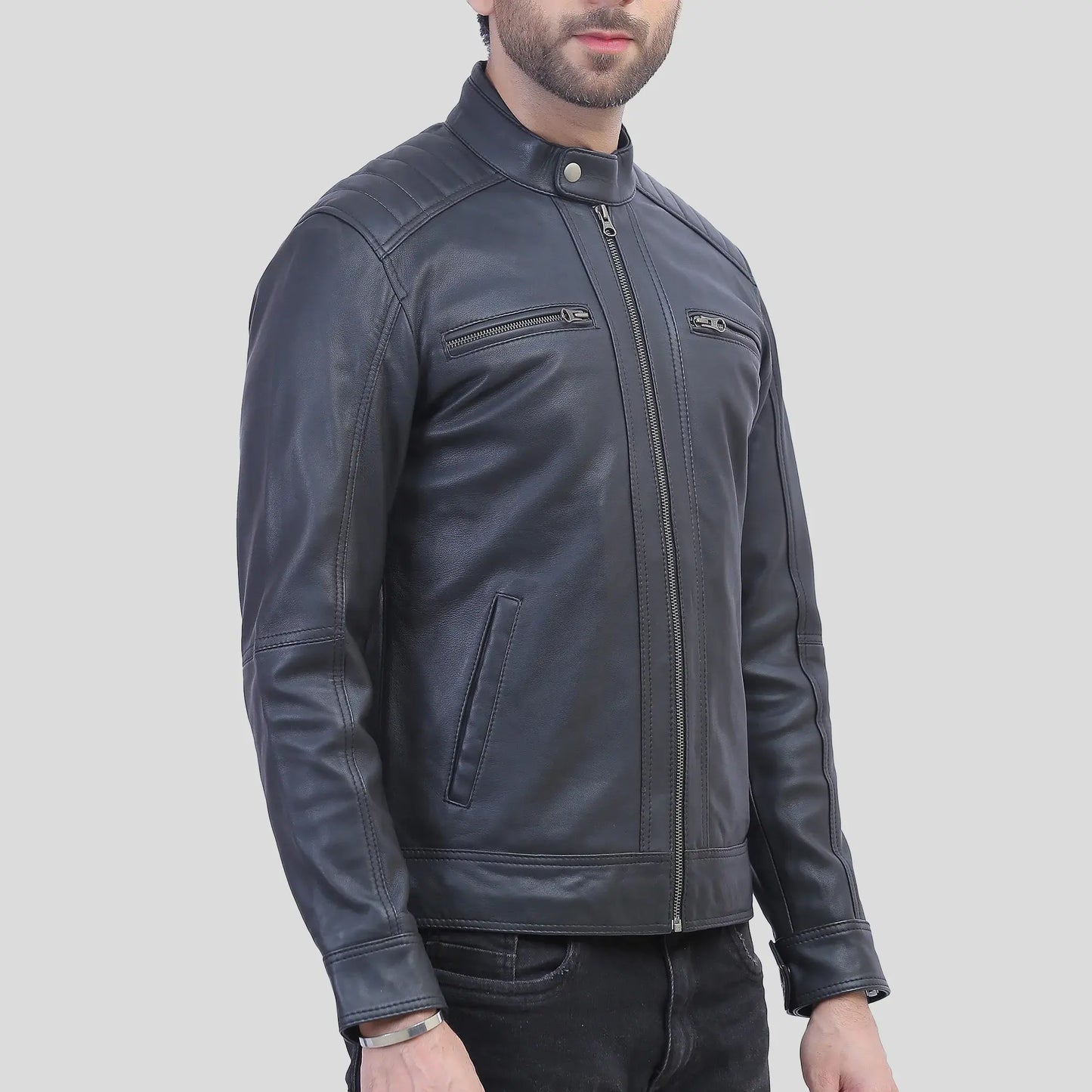 Mens Black Quilted Shoulder Distressed Leather Jacket