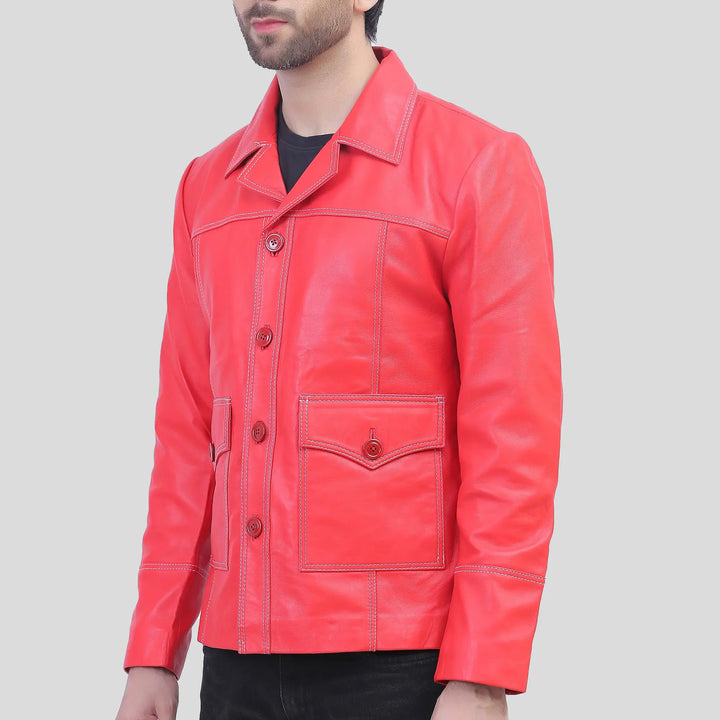 Red leather jacket worn by a person on a gray background
