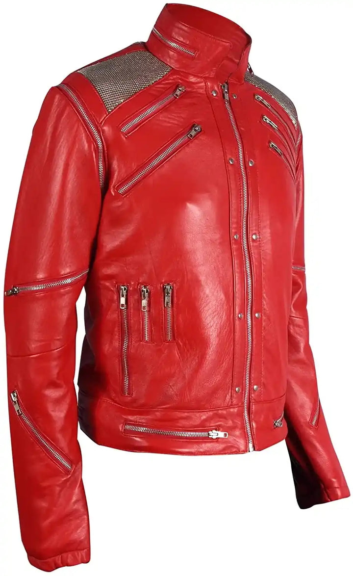 side view of Red Michael Jackson Beat It Red Leather Jacket