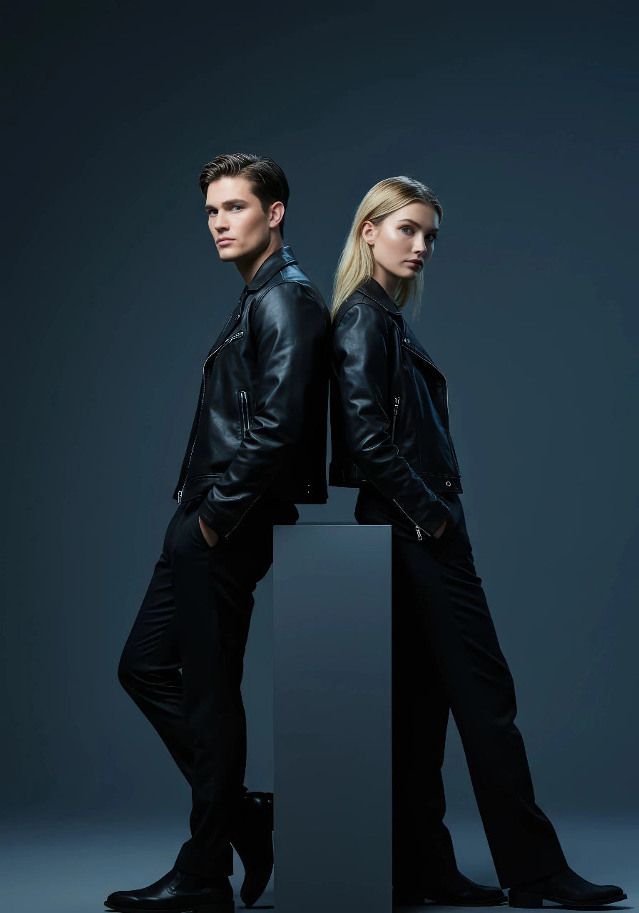 Two people wearing black leather jackets standing back-to-back against a dark background