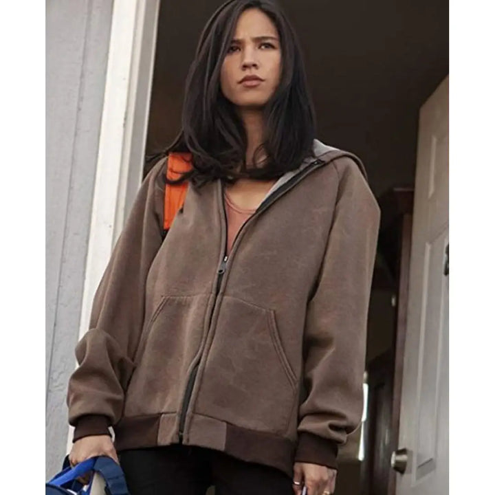 Front view of Monica Dutton Yellowstone Kelsey Asbille Brown Hoodie.