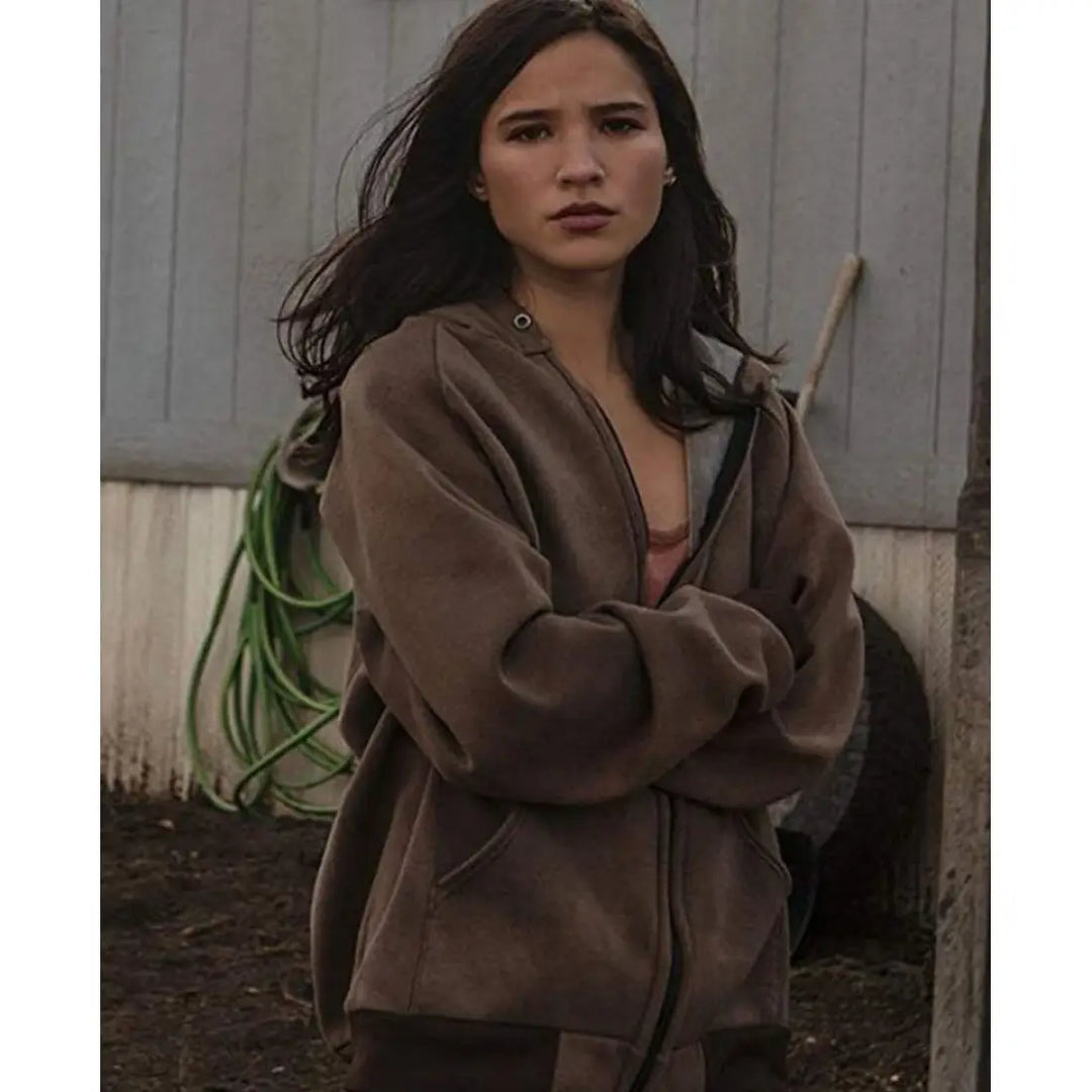Front view of Monica Dutton Yellowstone Kelsey Asbille Brown Hoodie.