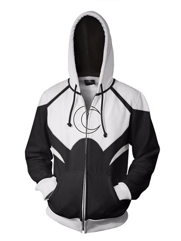 Front view of Moon Knight Zipper Hoodie with black/white color-block and crescent moon logo.