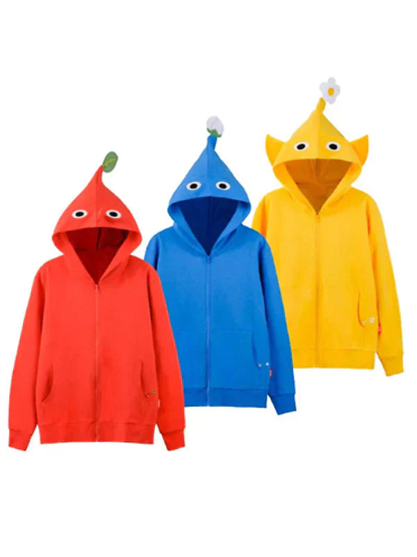 Front view of Nintendo Pikmin Zip-Up Hoodie trio (Red, Blue, Yellow