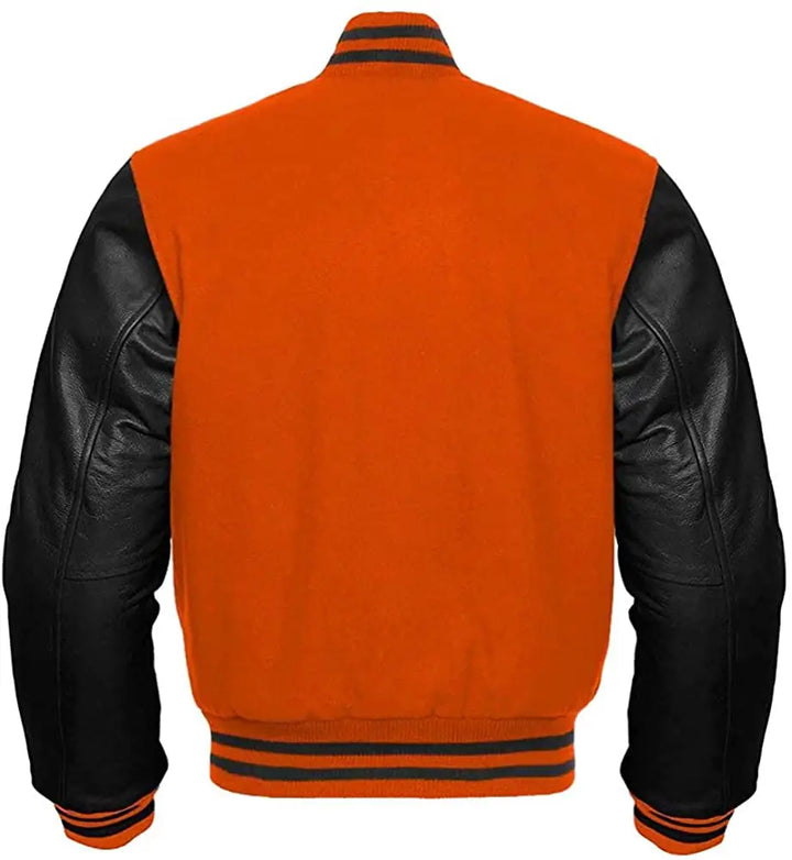 Orange varsity jacket with black leather sleeves on a white background