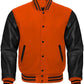 Orange and black varsity jacket with leather sleeves on a white background