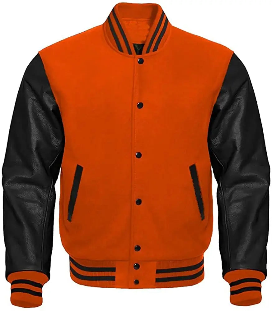 Orange and black varsity jacket with leather sleeves on a white background