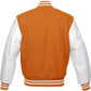 Orange and white varsity jacket on a white background