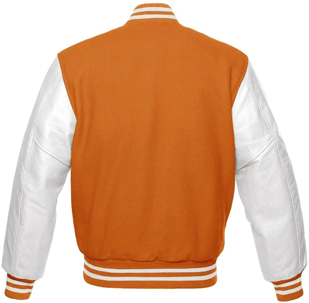 Orange and white varsity jacket on a white background