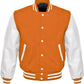 Orange and white varsity jacket on a white background