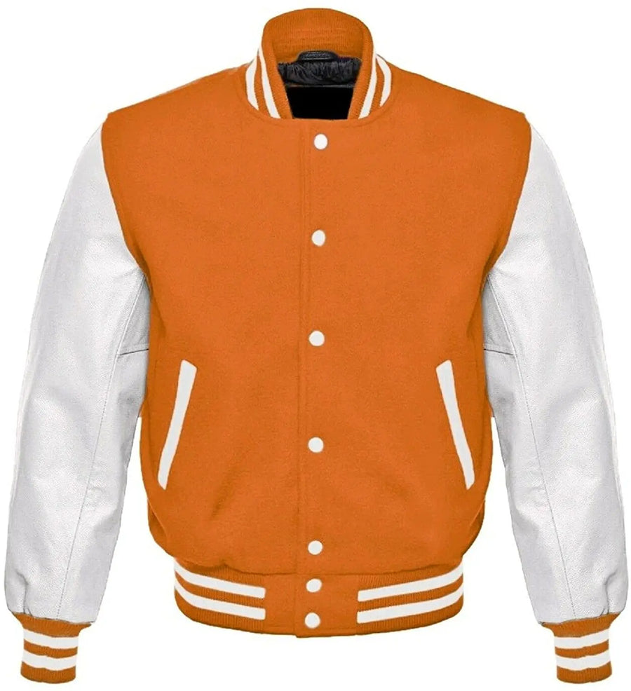 Orange and white varsity jacket on a white background