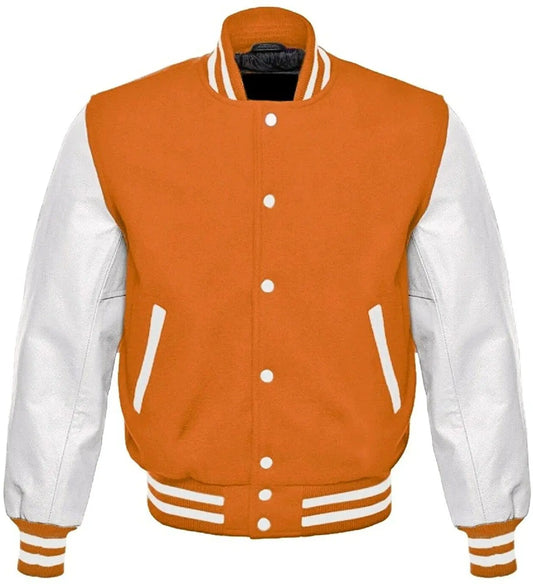 Orange and white varsity jacket on a white background